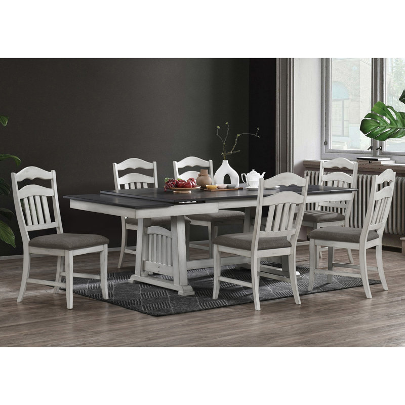 Transitional Dining Table With 2 Extra Leaves, Antique White And Gray, Solid Wood Eagerness Modern Rectangular Kitchen & W Grey Finish,