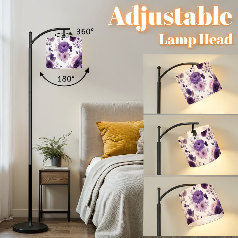 Lampe sur pied à arc avec abat-jour réglable blanc mauve rose floral bohème moderne mauve roses pivoines blanches lampe sur pied 3 températures de couleur à haut gradateur avec interrupteur au pied pour la chambre à coucher