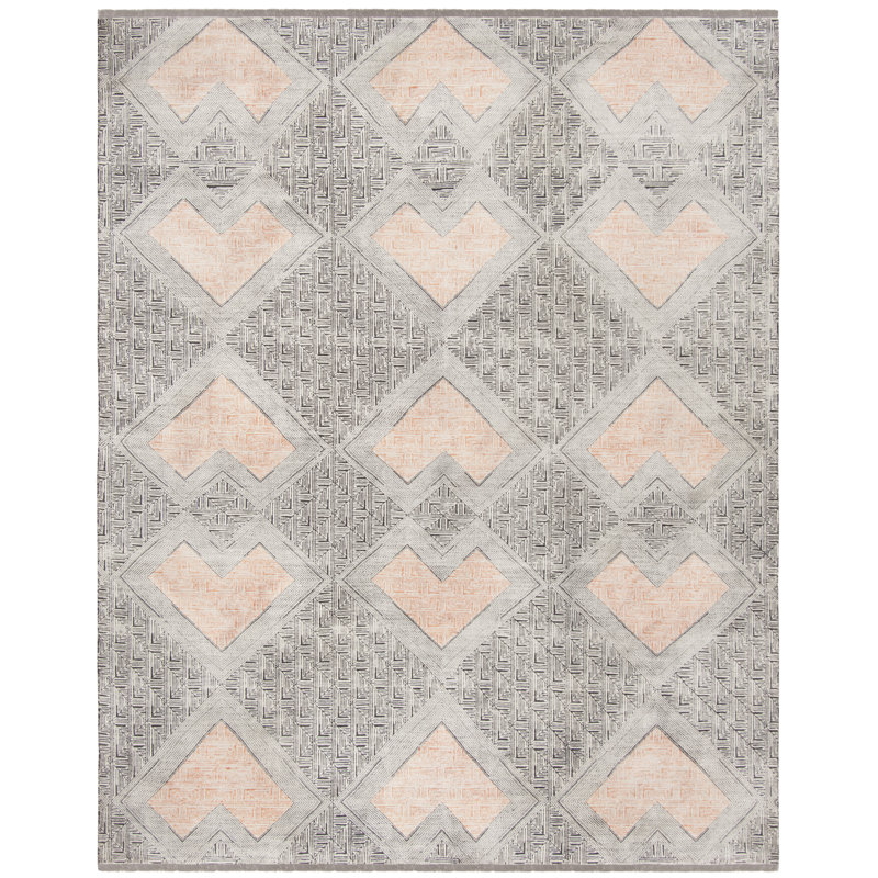 Ivory and Black Hand-Knotted Geometric 10' x 14' Wool Rug