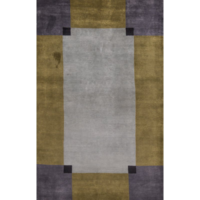 Tapis jaune, gris et beige noué à la main de haute qualité