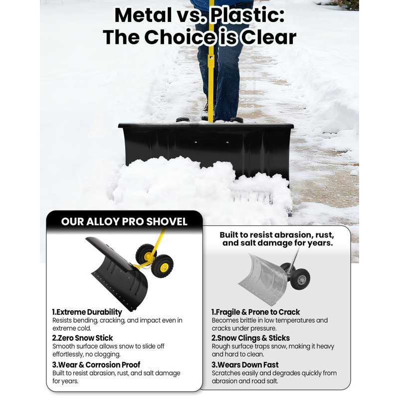 Pelle à neige pour allée, pelles sur roulettes robustes à 5 positions, poignée ergonomique réglable et roues en caoutchouc pour un déneigement efficace, chasse-neige pour porte, allée et trottoir