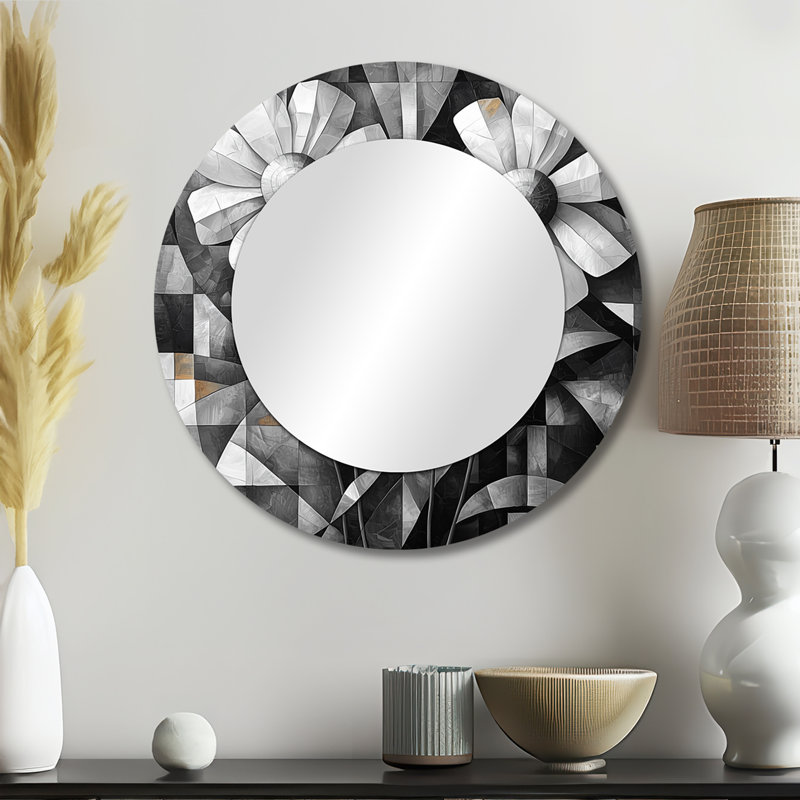 Monochrome Delicate Geometric Wildflowers - Floral Mirror Wall Decor - Printed On Metal, 23" x 23"
