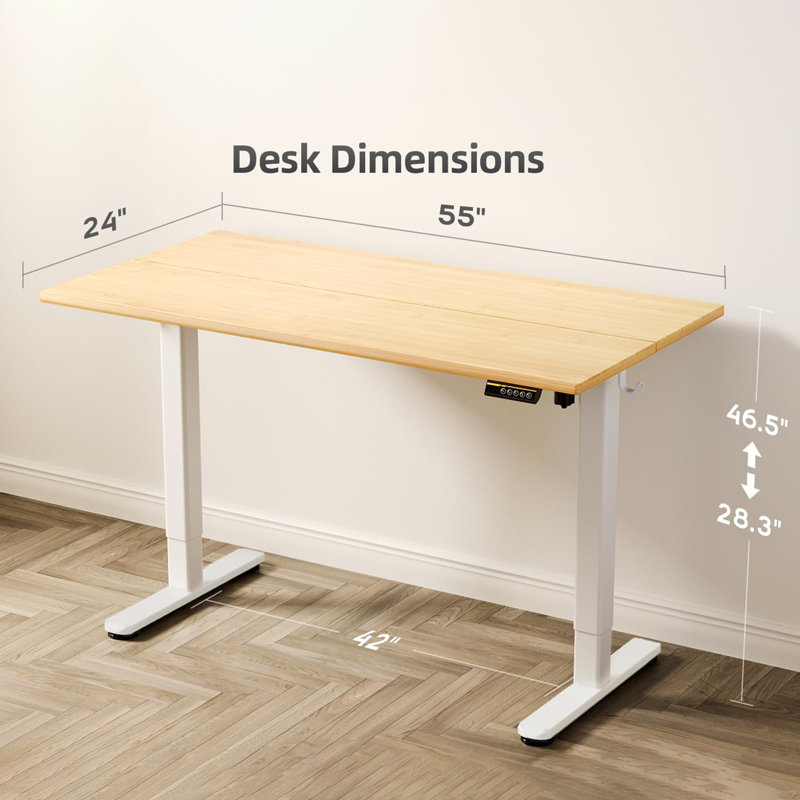 Bureau debout électrique à hauteur ajustable avec crochets, Bambou / blanc, H 46,5 po x l 55 po x P 24 po