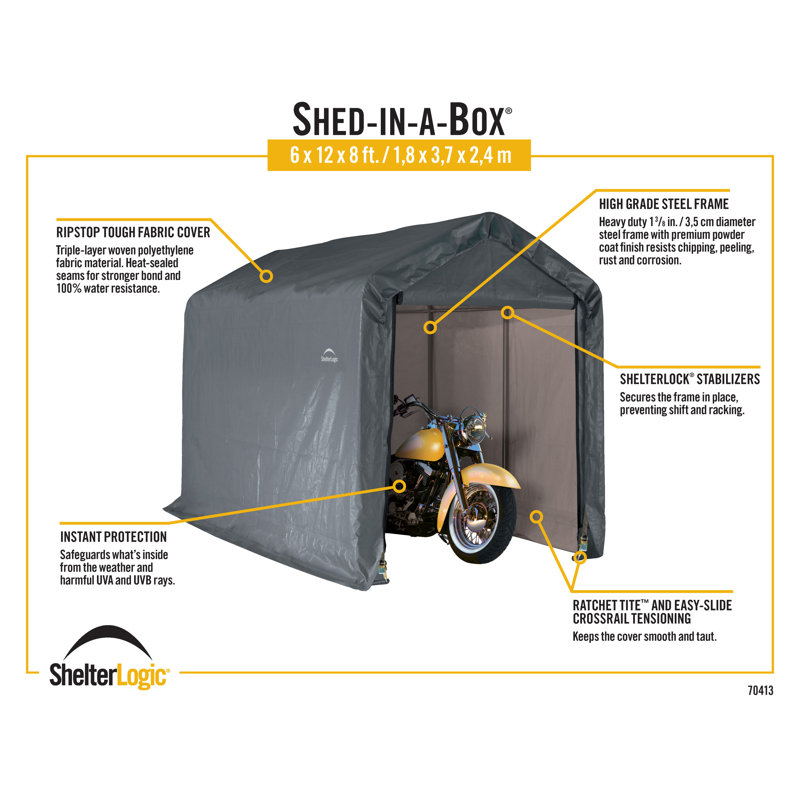 6' x 12' x 8' Gray Steel Portable Shed with Windows