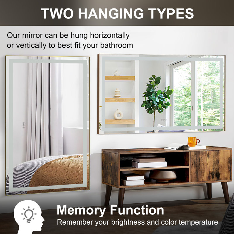 36"x24" Brushed Gold Framed Led Bathroom Mirror,wall Mounted Lighted Vanity Mirror, 36" x 60"