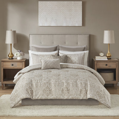 Emilia Khaki Jacquard 12-Piece Queen Comforter Set with Bed Sheets