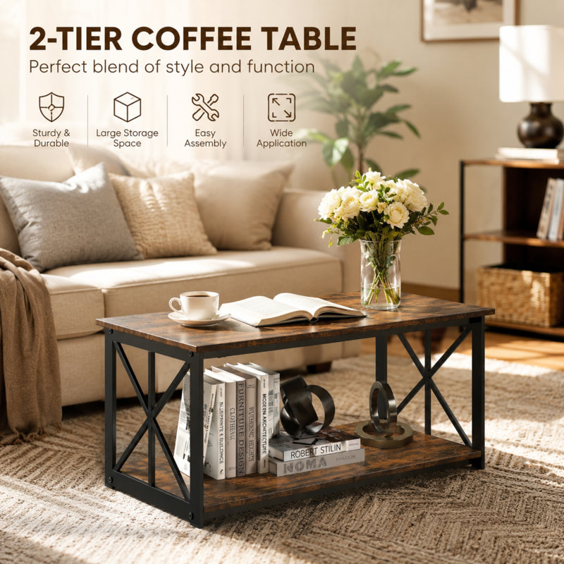 Lionel 37.8" Square Coffee Table With 2-Tier Storage Shelves, Brown