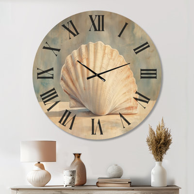 Coquillage Saint-Jacques I - Horloge murale de style nautique surdimensionnée, imprimée sur bois