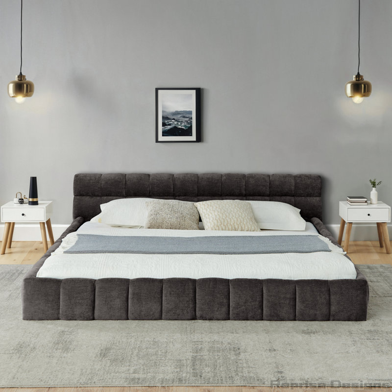 Chenille Upholstered Platform Bed Frame, Dark Grey
