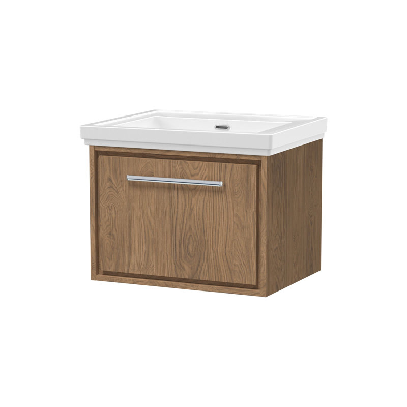 Hudson Reed Lille 600mm Antique Oak 1 Drawer  Wall Hung Vanity Unit With Fireclay Basin, Antique Oak, 63cm W