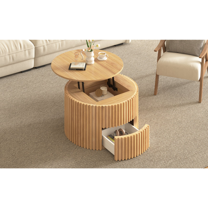 Table basse ronde à plateau relevable, table d'appoint moderne en bois cannelé avec rangement caché pour le salon