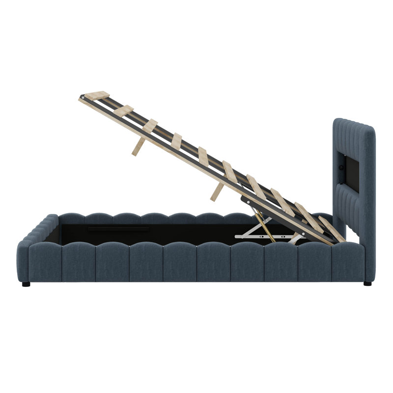 Grand lit plateforme tapissier avec tête de lit à DEL Widaey, Bleu foncé