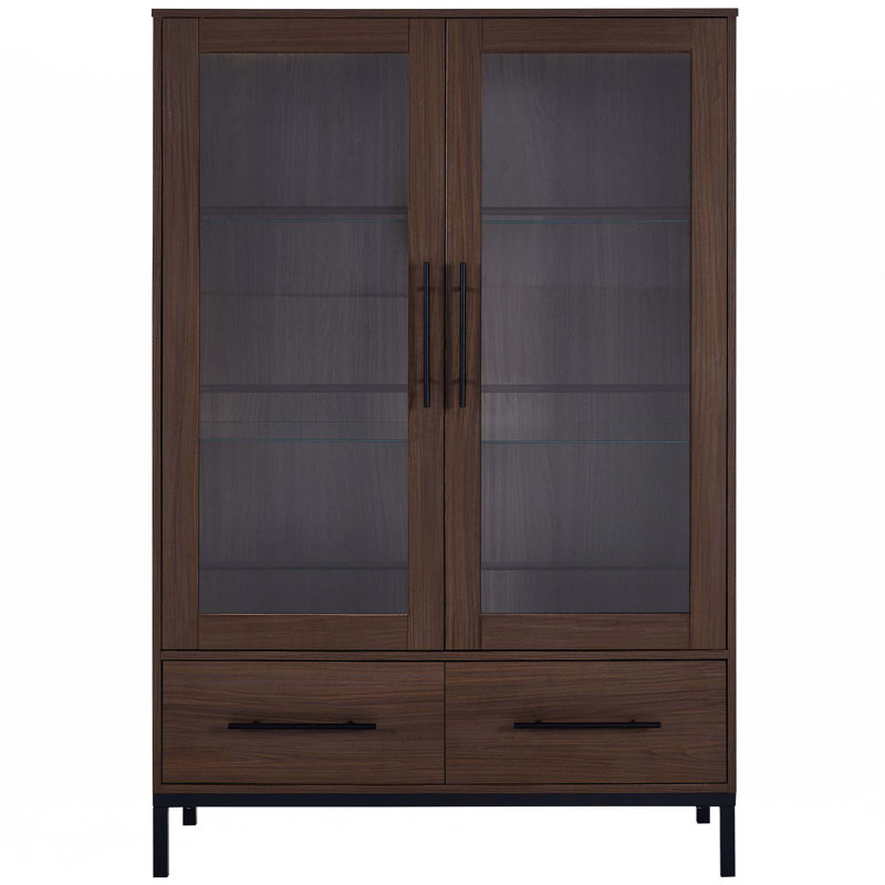 Armoire de rangement Farmhouse avec tablettes en verre réglables à 4 niveaux, Noyer foncé