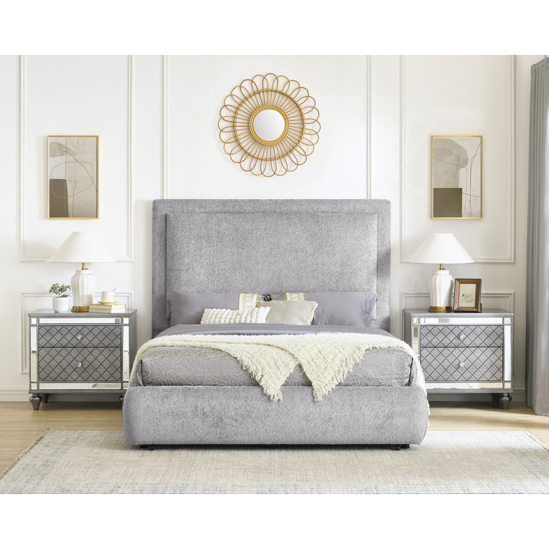 1Pc Luxurious Bed Frame Upholstered In A Soft Chenille Fabric High Padded Headboard Sleek Footboard Features Integrated Functionality Offering Hidden Storage Bedroom Furniture