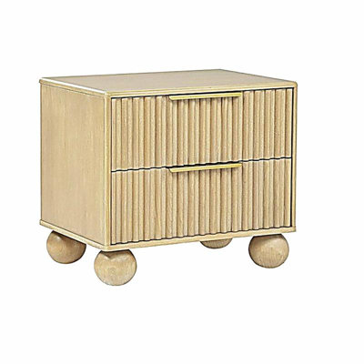 Table de chevet moderne à 2 tiroirs avec panneaux cannelés Modern, table de chevet en bois, pieds arrondis, chêne clair