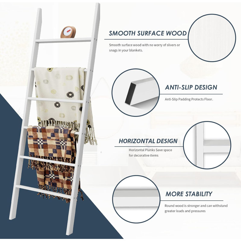 White Wooden 57.5'' Rustic Blanket Ladder for Home Decor