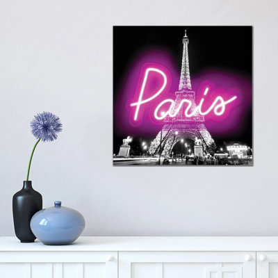 Neon Paris Pink On Black by Hailey Carr - Wrapped Canvas Print