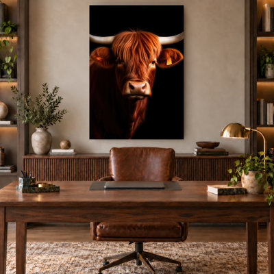 Rustic Chestnut Highland Bull Portrait Canvas Wall Art, Ready to Hang