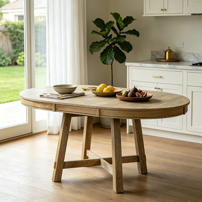 Table de salle à manger extensible, ronde à ovale, feuille amovible de 16 po, placage de chêne, base à pieds croisés, maison de campagne moderne, salle à manger