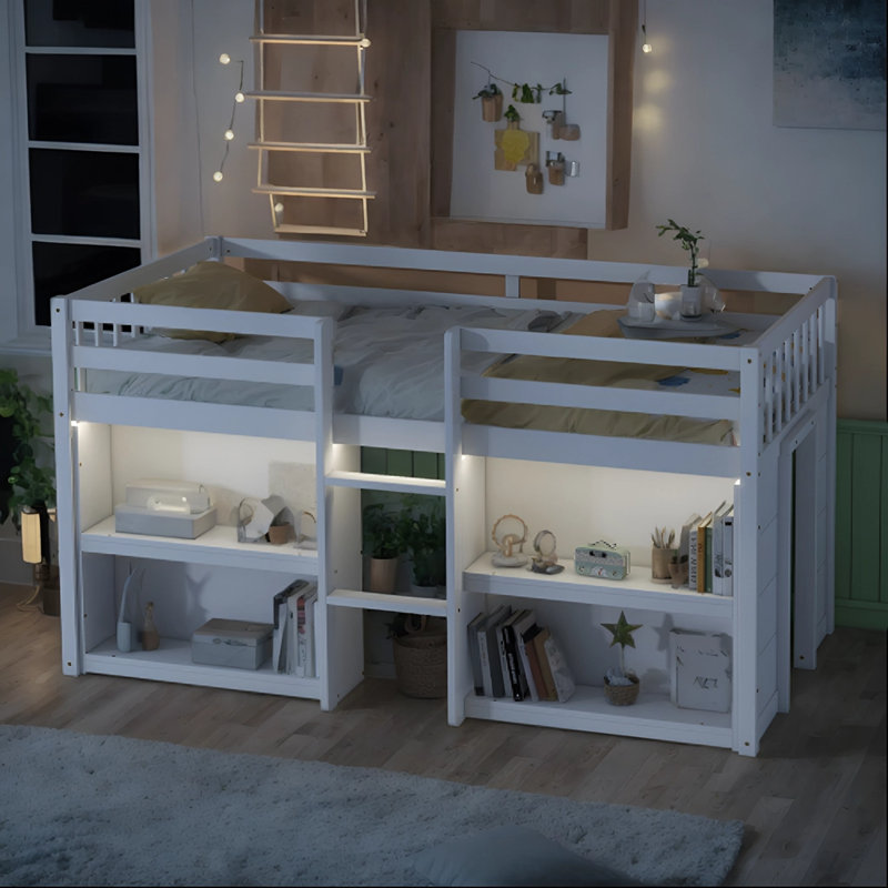 Lit simple mezzanine bas avec tablettes Jceur, Blanc