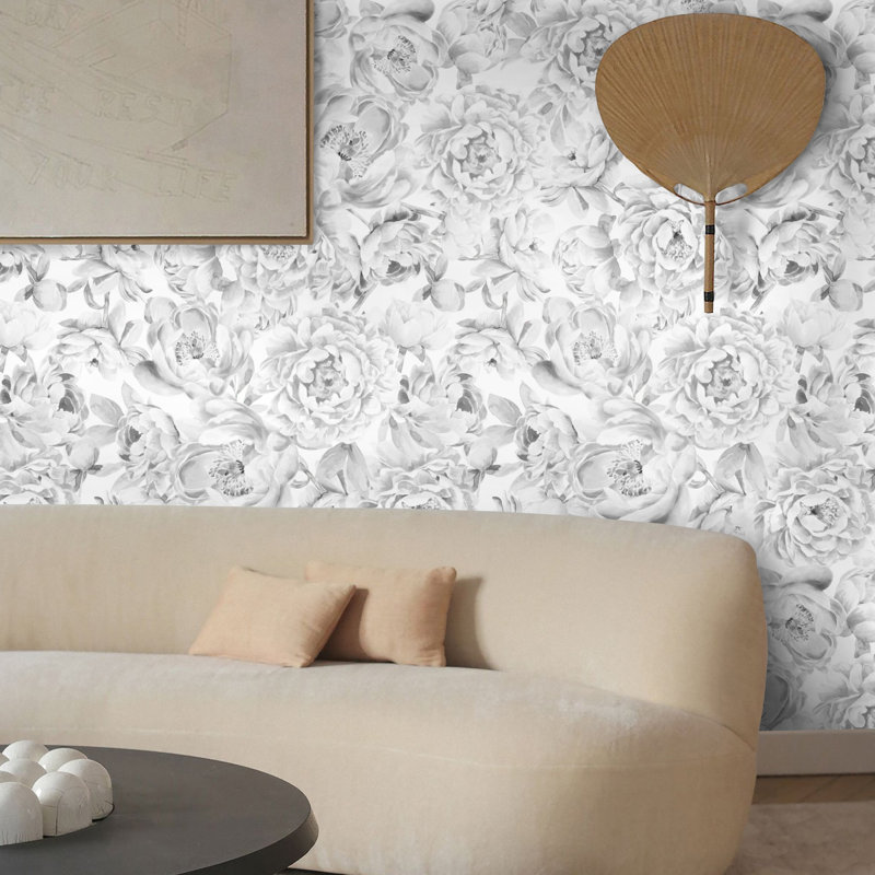 Black and White Peony Floral Wallpaper