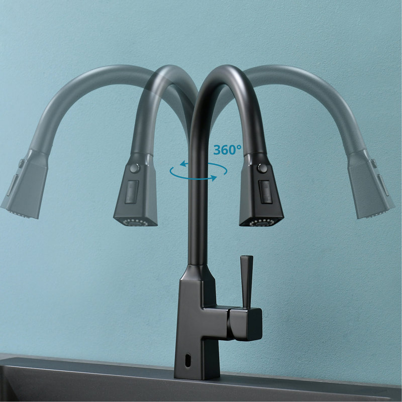 Automatic Smart Kitchen Sink Faucet - Touchless Pull Down Black Modern Style Brass Ceramic Filler Motion Sensor Activated For Hygienic Work With Hands Contemporary Smooth And Workflows