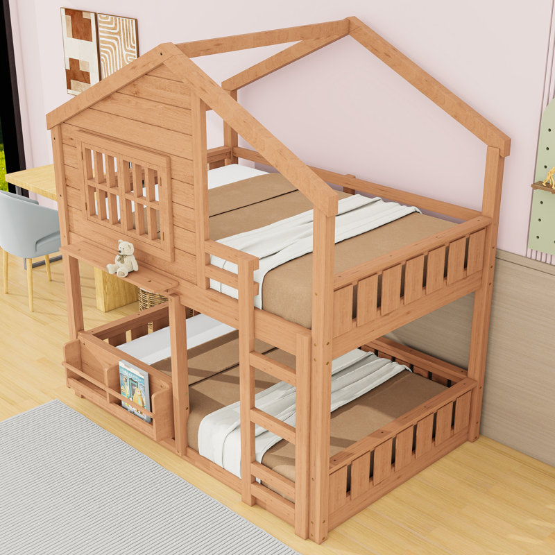 Lit superposé en bois avec échelle et bibliothèque, Double sur double
