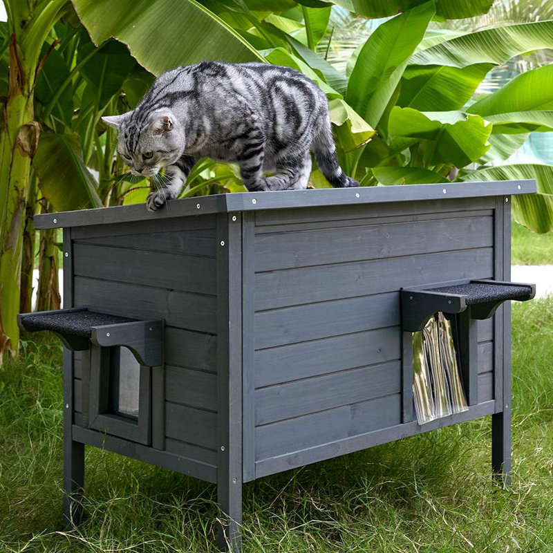 Maison pour chat d'extérieur en bois massif chauffé avec coussin chauffant, Gris
