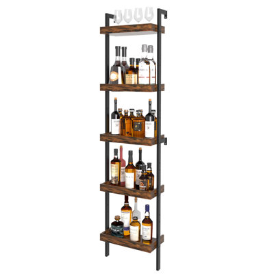 5-Tier Freestanding Wine Rack, 71" Tall Liquor Bottle Display Shelf With Fences, Storage For Whiskey, Cocktail Shakers & Mugs, Wine Holder With Wall Anchor For Dining Room, Kitchen, Bar