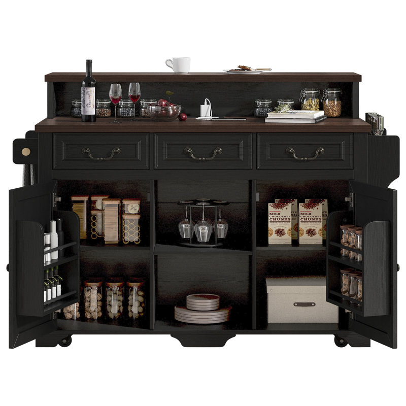 Farmhouse Kitchen Island With Storage, Power Outlet, 4 Door Shelves, Adjustable Shelves And Two-Tier, Black