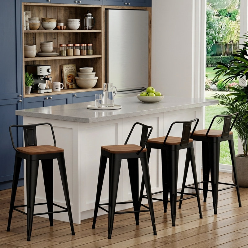Saleh Counter Stool with Steel Frame, Matte Black, Bar Stool (30" Seat Height)