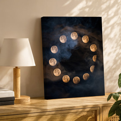 Canvas A Mesmerizing Celestial Composition Featuring A Series Of Lunar Phases Wall Art Arranged In A Circular Pattern Against A Dark Canvas Wall Art