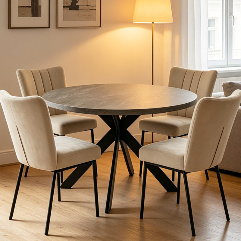 Bourke 46"L Round Modern Kitchen Dining Table Set with 32.7"H Dining Chair, White, 3 Pieces: Table, 2 Chairs