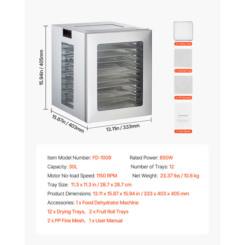 Déshydrateur d'aliments, 12 plateaux en acier inoxydable, séchoir électrique 850W avec température réglable et minuterie 24 heures, lyophilisateur pour viande séchée, fruits, légumes, herbes, gâteries pour chiens