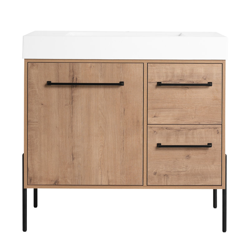 Meuble-lavabo sur pied 36 po avec lavabo en résine blanche et porte d'armoire à fermeture douce et 2 tiroirs ((KD-PACKING)