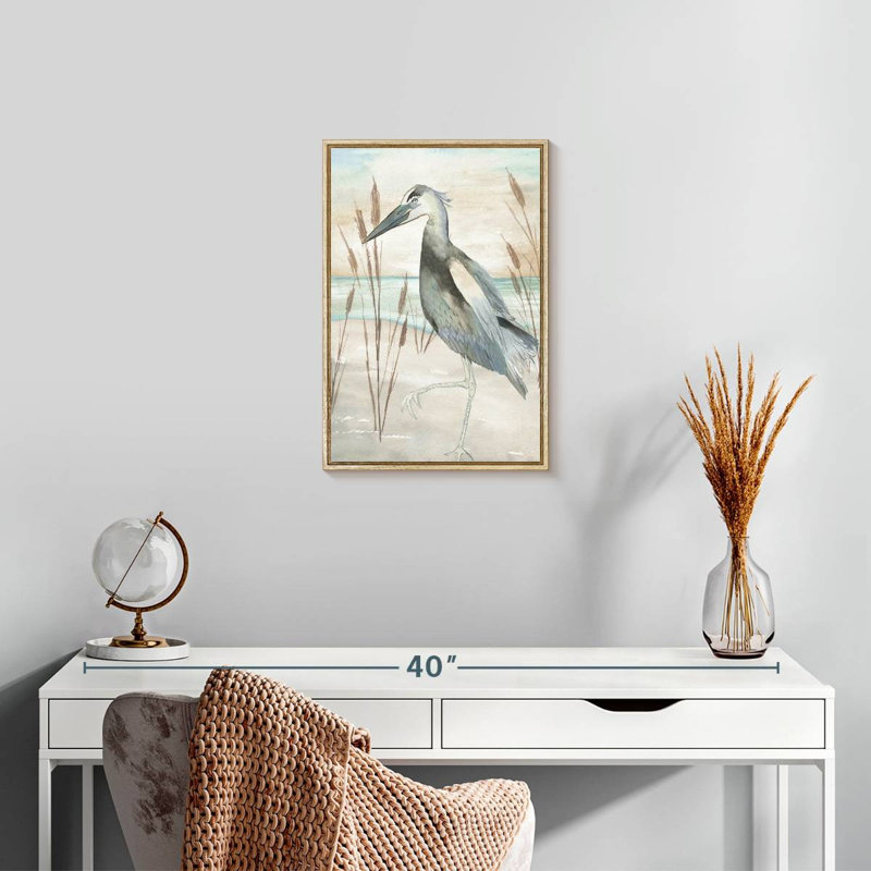 Héron par l'herbe de plage II, Cadre flottant en bois naturel, 13" x 19"