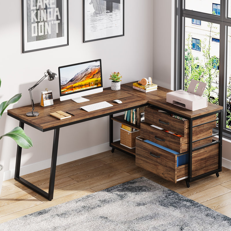 L-Shaped Metal Base Computer Desk, Brown/Black