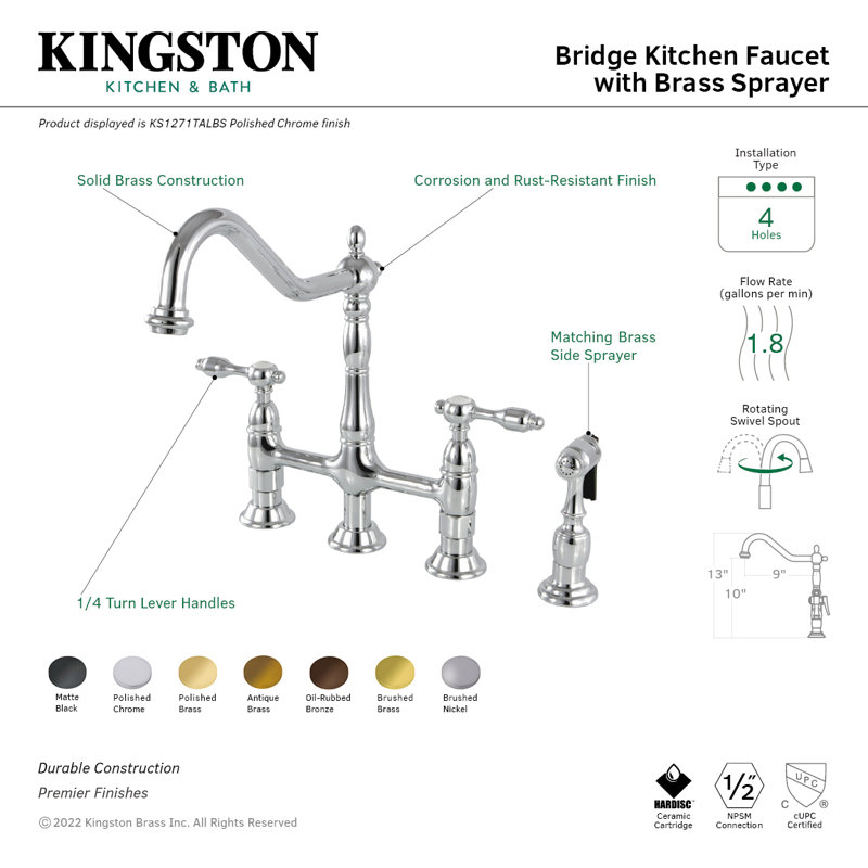 Kingston Brass Tudor Two-Handle 4-Hole Deck Mount Bridge Kitchen Faucet with Brass Side Sprayer, Polished Chrome