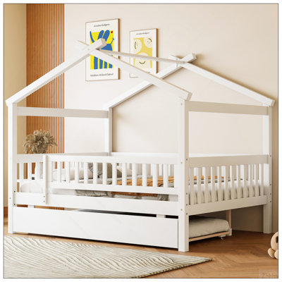 Full Size Wooden House Bed with Twin Size Trundle, White
