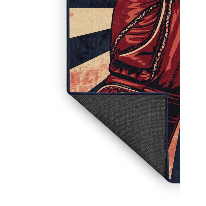 Tapis rayé mauve doux et moelleux à motif de gants de boxe classiques - bleu marine, 7 x 9