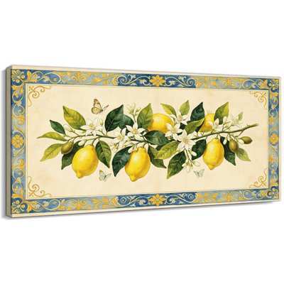  Toile de citron, art mural de cuisine de style méditerranéen pour salle à manger ou vestibule, œuvre d'art bleue et jaune tendue sur châssis, prête à être accrochée, 12 po x 24 po