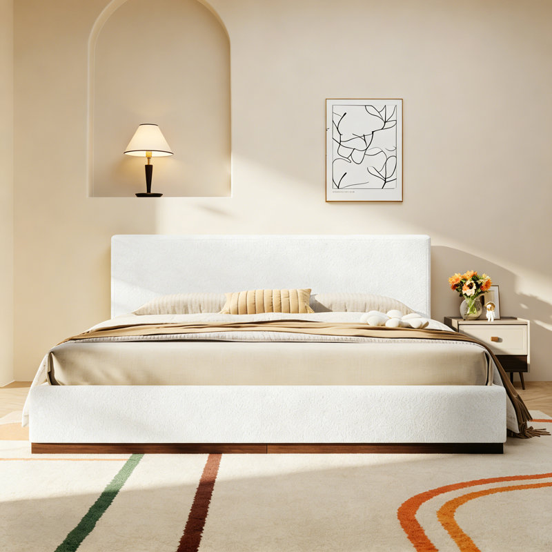 Lit tapissier en tissu blanc avec base en bois massif, Grand lit
