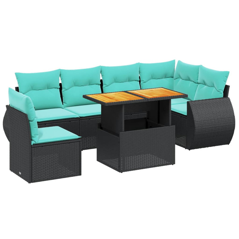  Ensemble de canapé de patio 7 pièces avec coussins en rotin de polyester, Noir, Vert