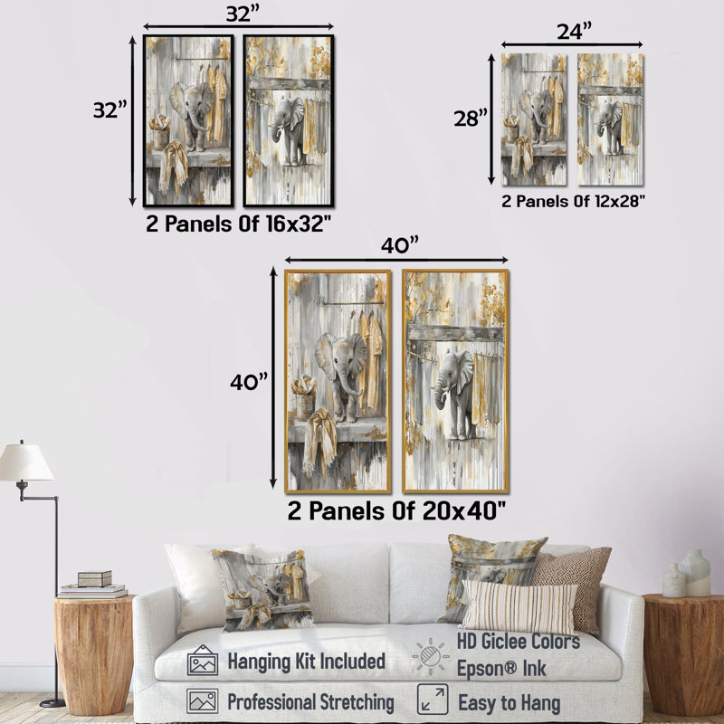 «Gray Elephants Laundry Day I», ensemble de 2 pièces d'art mural, H 32 po x l 32 po, Argent argent, Impression encadrée