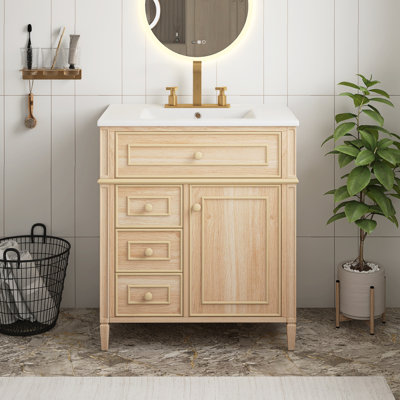 Meuble-lavabo en bois clair de 30 po avec lavabo en céramique, armoire en bois massif et panneau de fibres à densité moyenne, 1 tiroir rabattable et 2 tiroirs à fermeture en douceur, avec porte à fermeture en douceur