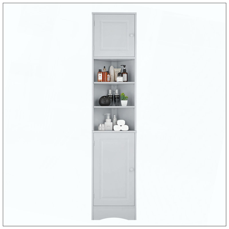 Tall Corner Bathroom Cabinet Two Doors Adjustable Open Shelves, Gray