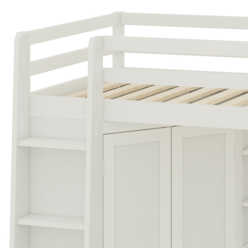 Lit mezzanine avec grande armoire intégrée, bureau, Blanc