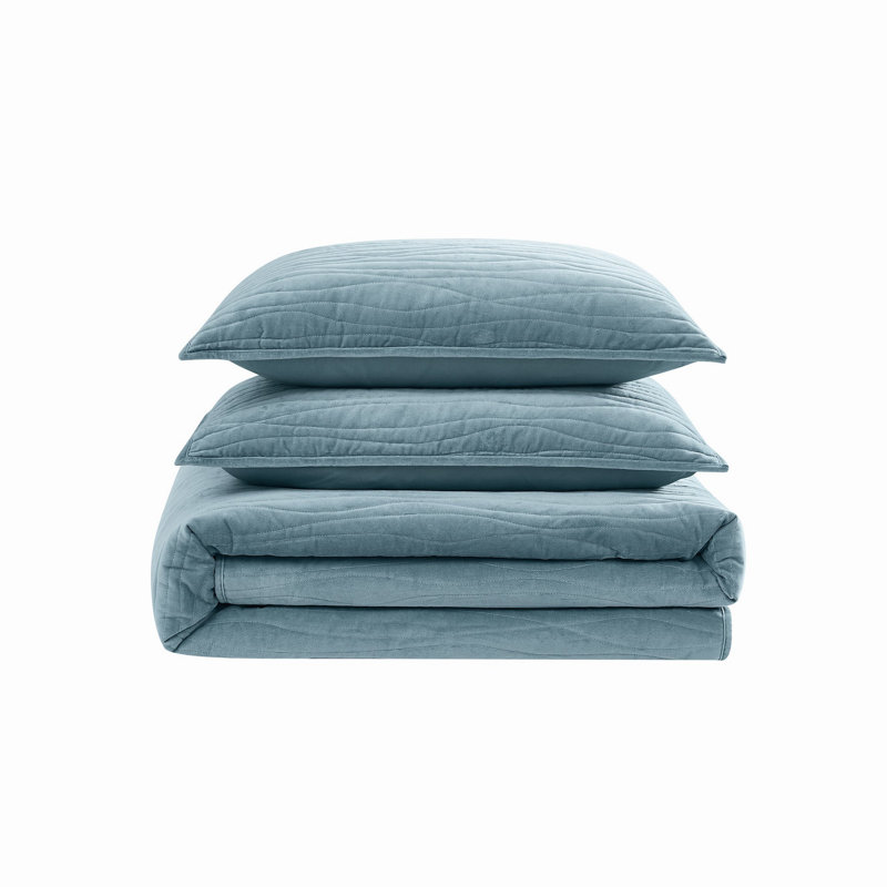 Royal Velvet Wavy Cotton Velvet Quilt Set, Queen Quilt + 2 Shams, Blue