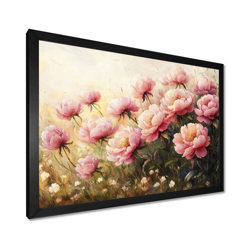 Pivoines dans le champ balayé par le vent II - pivoines, art mural, H 12 po x l 20 po, Cadre simple noir