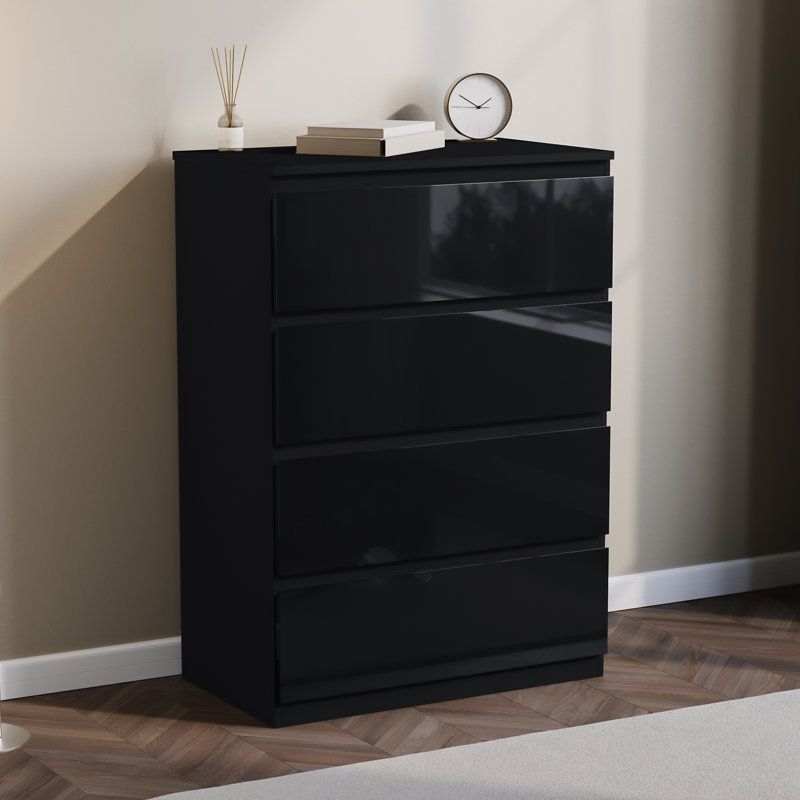 Oslo 4 Drawer High Gloss Chest, (FSC 100%) Bedroom Home Storage Furniture, Black
